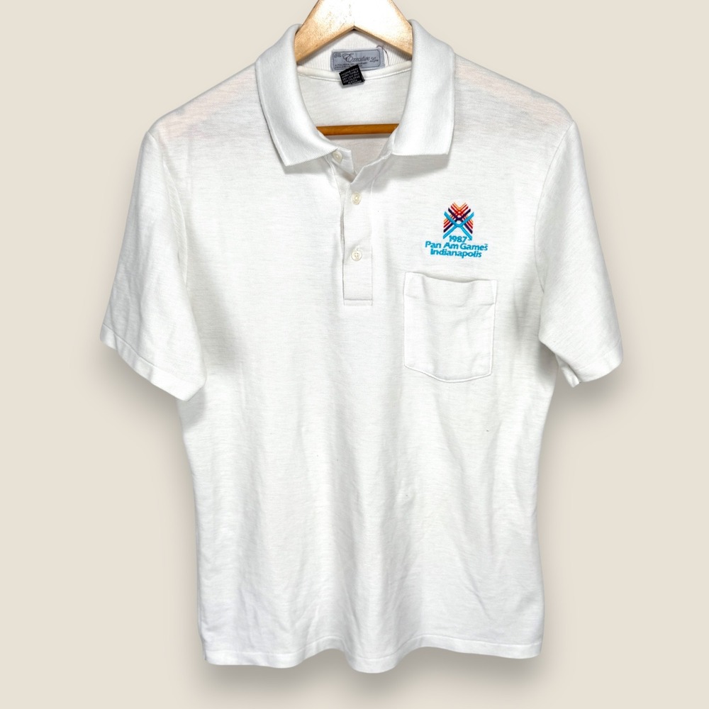 Vintage 1987 Pan Am Games Indianapolis Polo Shirt Men Large White Wicking *READ - Picture 1 of 10